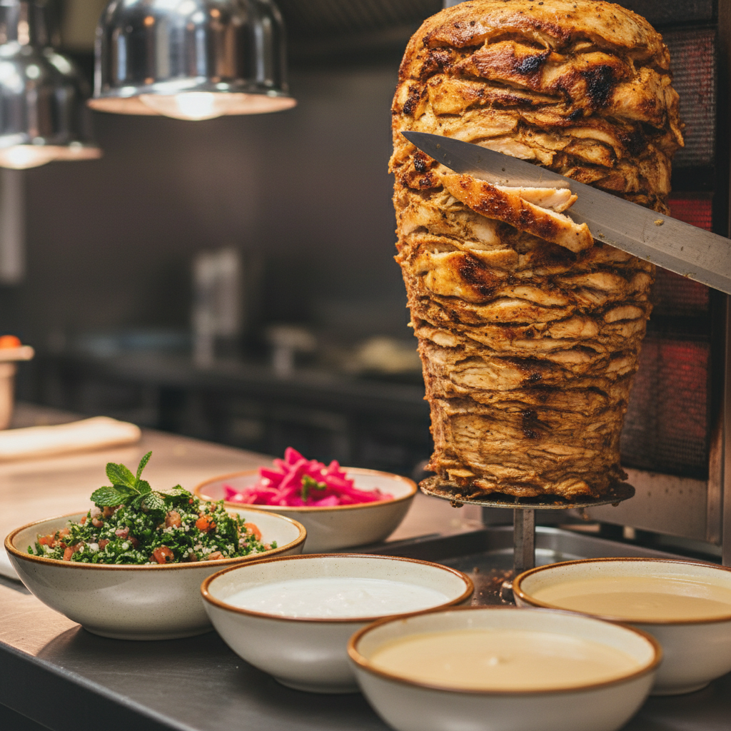 Close-up of freshly carved chicken shawarma with mezze sides for Toronto event catering