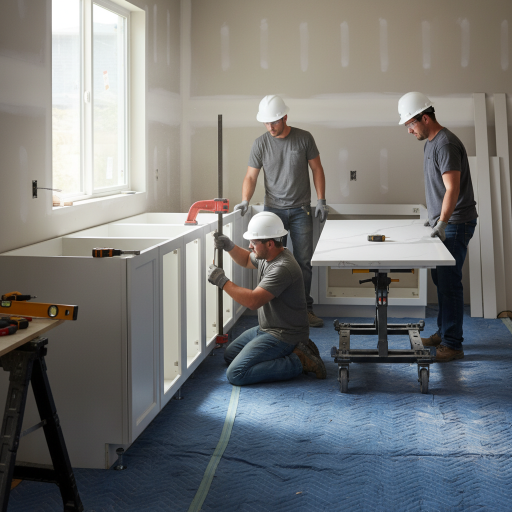 Kitchen Renovation Costs: Save More & Plan Smart in 2026 2 Side-angle scene of installers fitting factory-built cabinetry on-site, showing the process steps that influence kitchen renovation cost and timeline