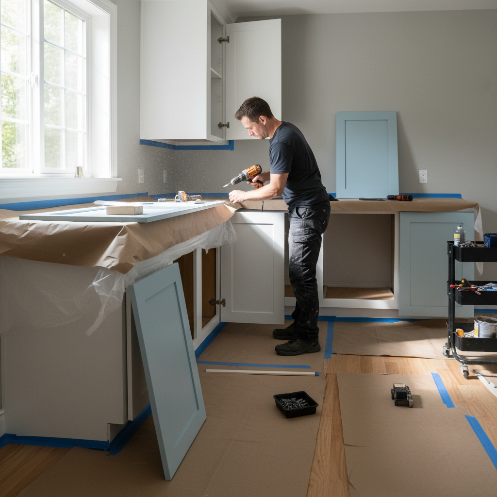 Technician reinstalling freshly painted cabinet doors during a York kitchen cabinets makeover with hardware alignment and protected work area
