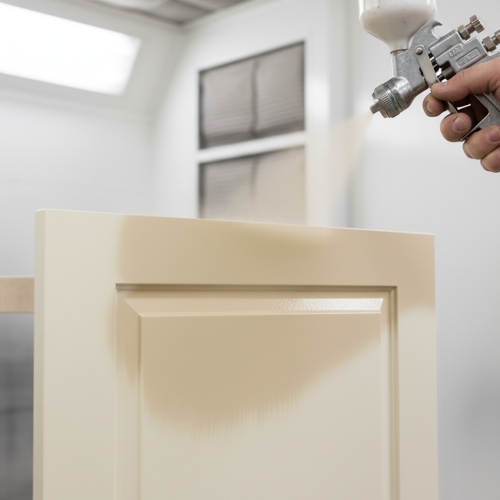 Close-up HVLP spray painting of a shaker cabinet door for a kitchen cabinets makeover with smooth, even enamel application