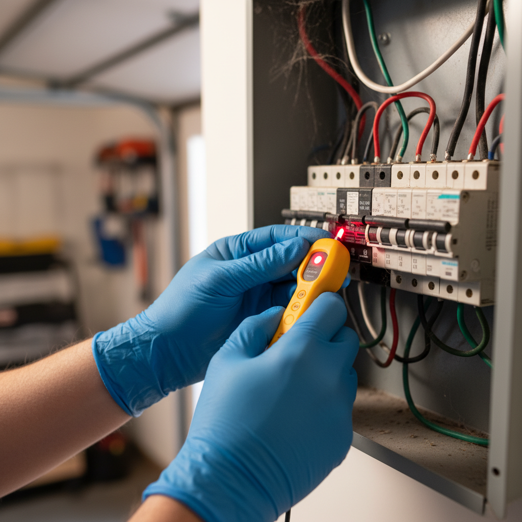 Electrical panel check during annual home maintenance inspection with non-contact tester and breakers