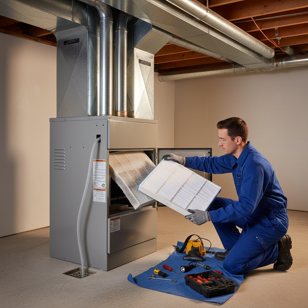 HVAC furnace filter replacement during annual home maintenance inspection, visible ductwork and condensate line