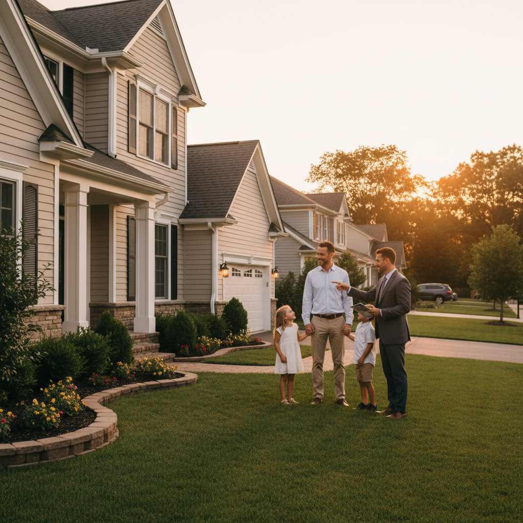Family touring a suburban Brampton house with their REALTOR at sunset, showing the homebuying process from search to offer