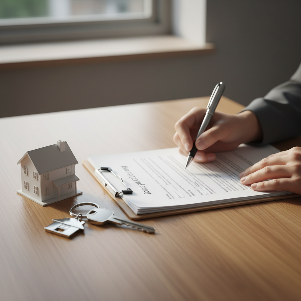 Signing real estate closing documents with keys and small house model as part of a seller closing checklist in Mississauga