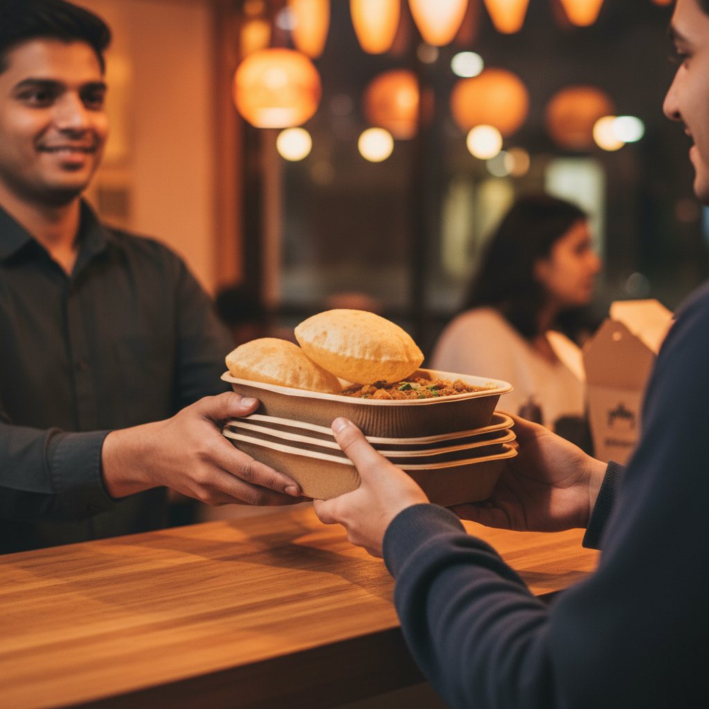 Takeout handoff of chole and puffed bhature at an Indian counter, evening lights