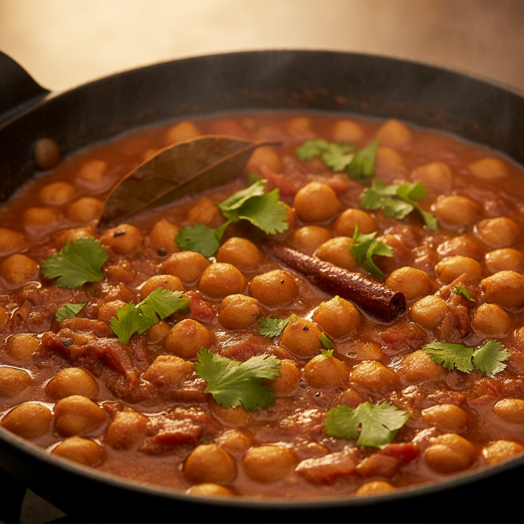 Close-up of Punjabi chole simmering with whole spices and cilantro in Brampton kitchen