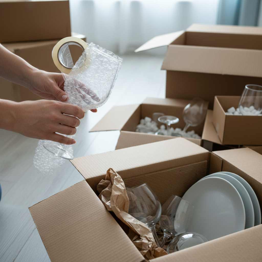 Professional long-distance packing: bubble wrap on glassware with labeled moving boxes for Dubai to international relocation