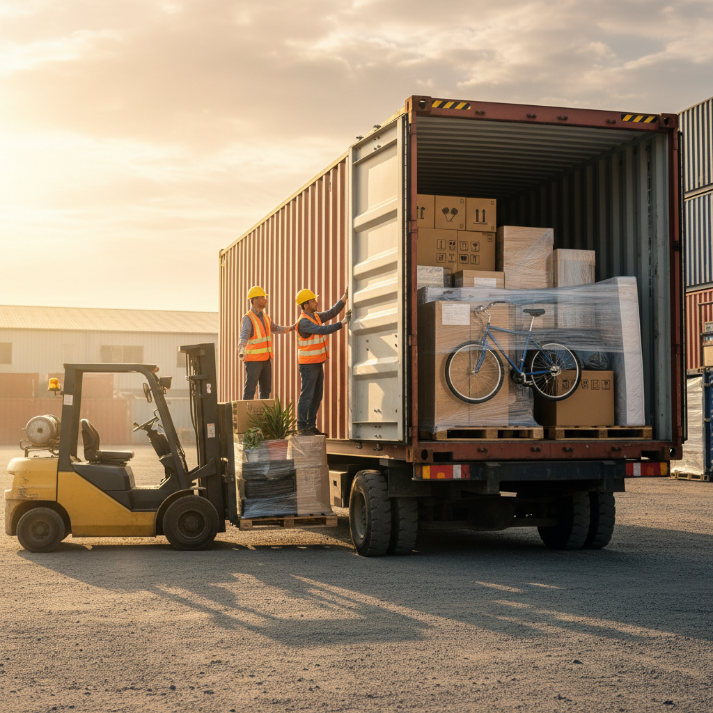 Shipping container sealed for international household goods with forklift moving palletized items in Dubai logistics yard