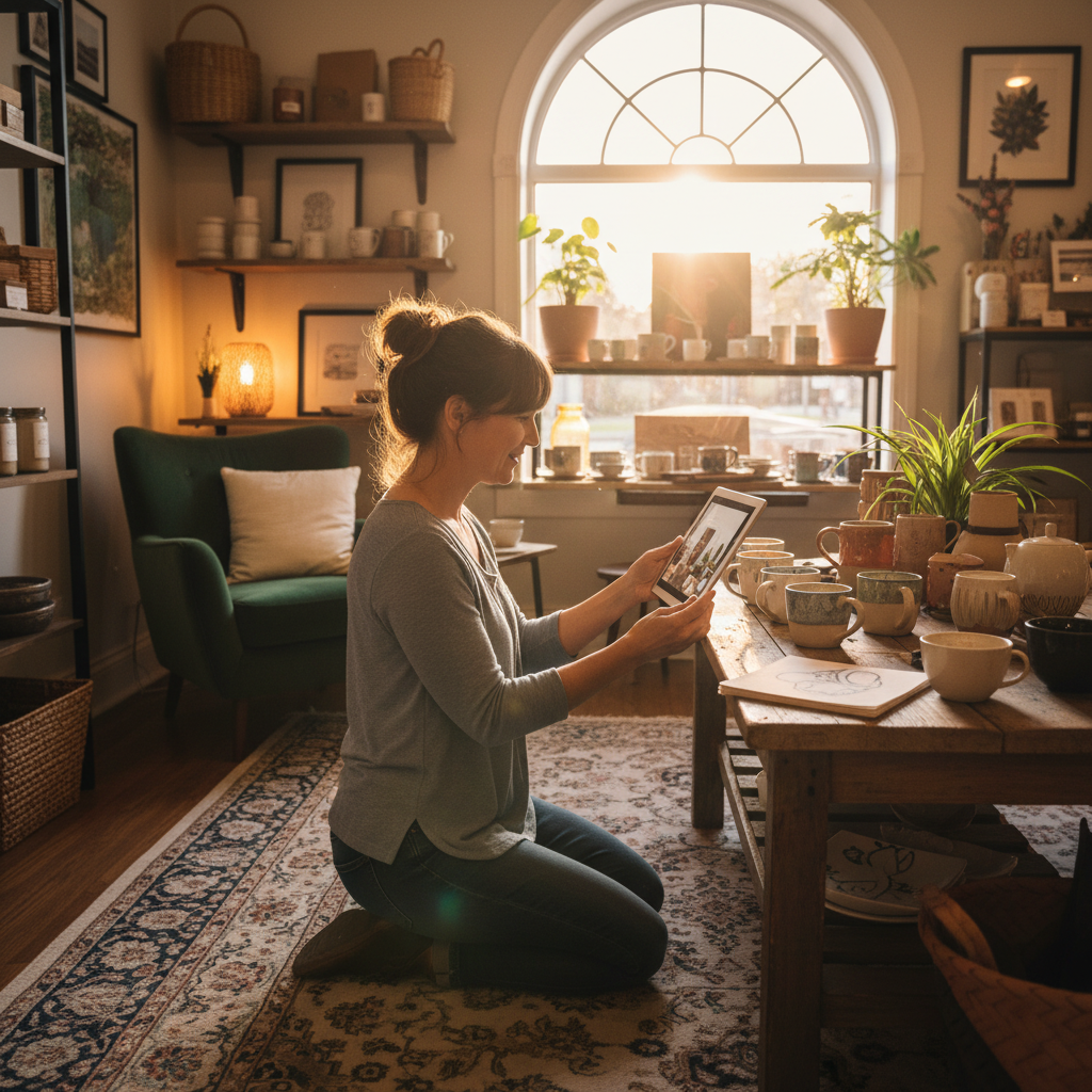 Small business owner capturing product photos to enrich SEO content and local search listings