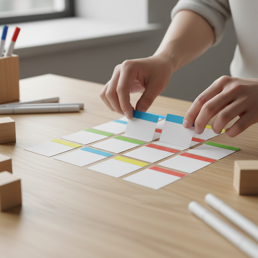 Close-up of a hands-on content calendar workflow for creating SEO content with color tags and cards