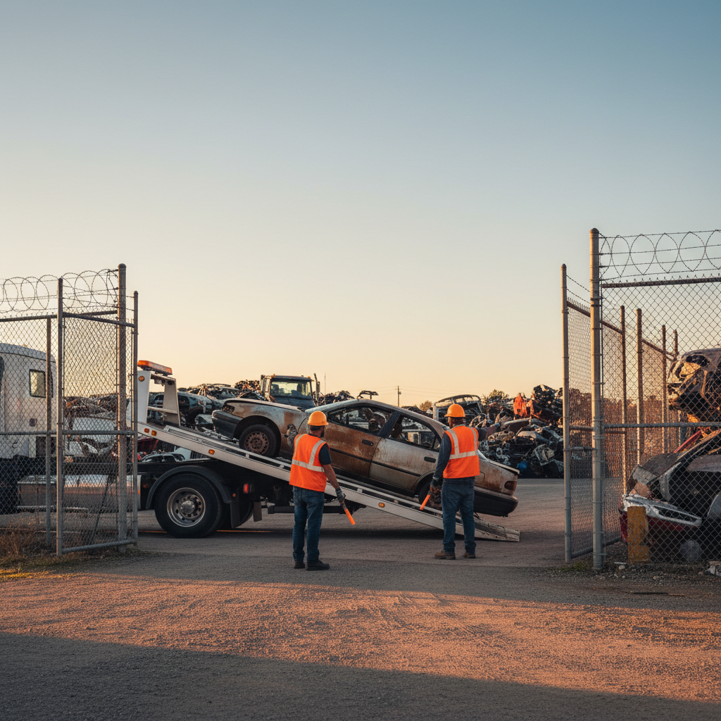 Tow truck unloading a non‑running car at an Etobicoke scrap yard entrance during golden hour