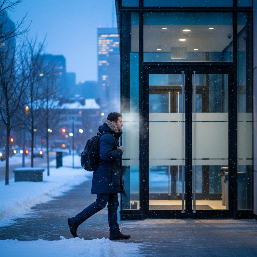Skilled worker arriving at Canadian workplace, illustrating Canadian Experience Class pathway from authorized employment to PR