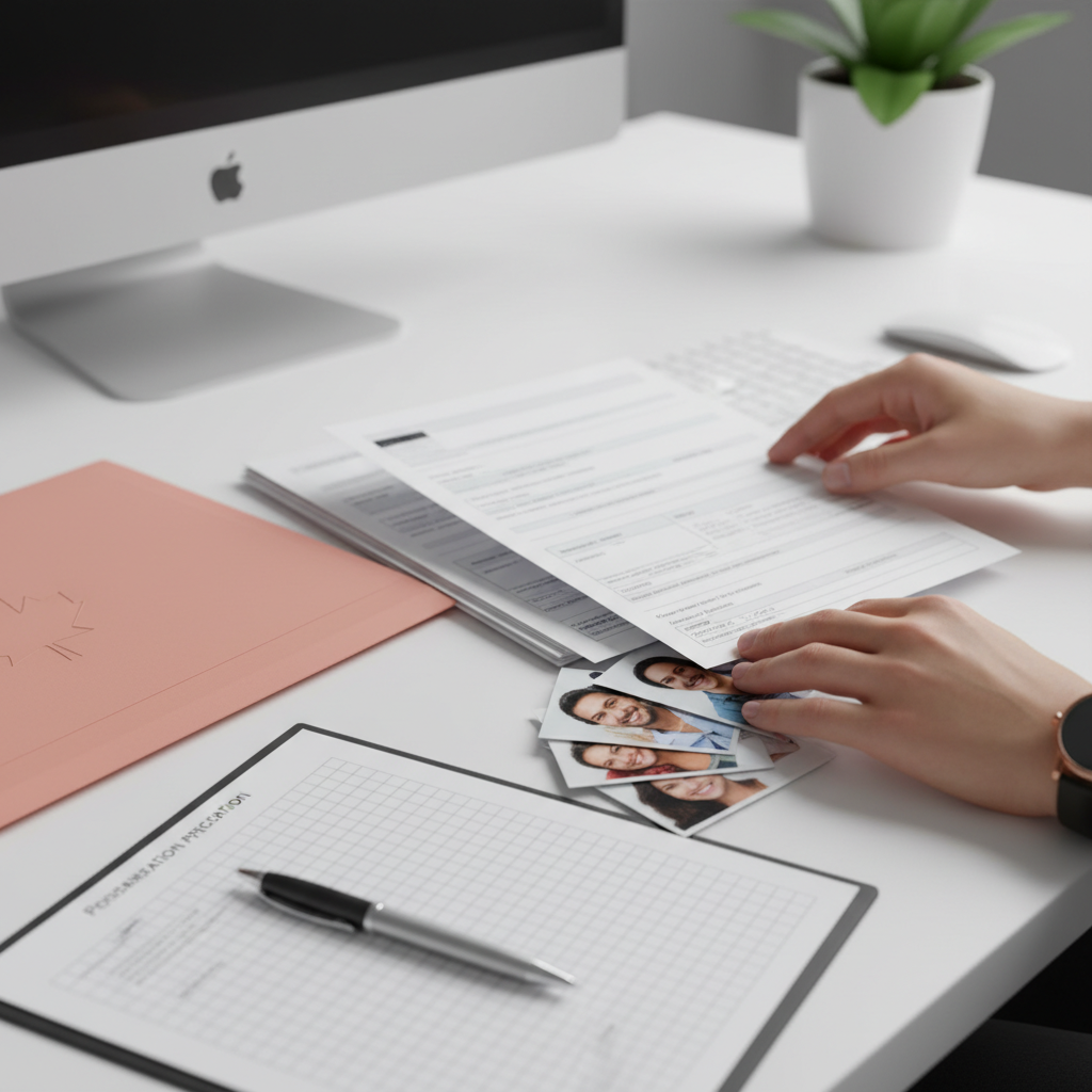 CEC documents: organized Canadian immigration papers, ID photos, and checklist for Canadian Experience Class eligibility