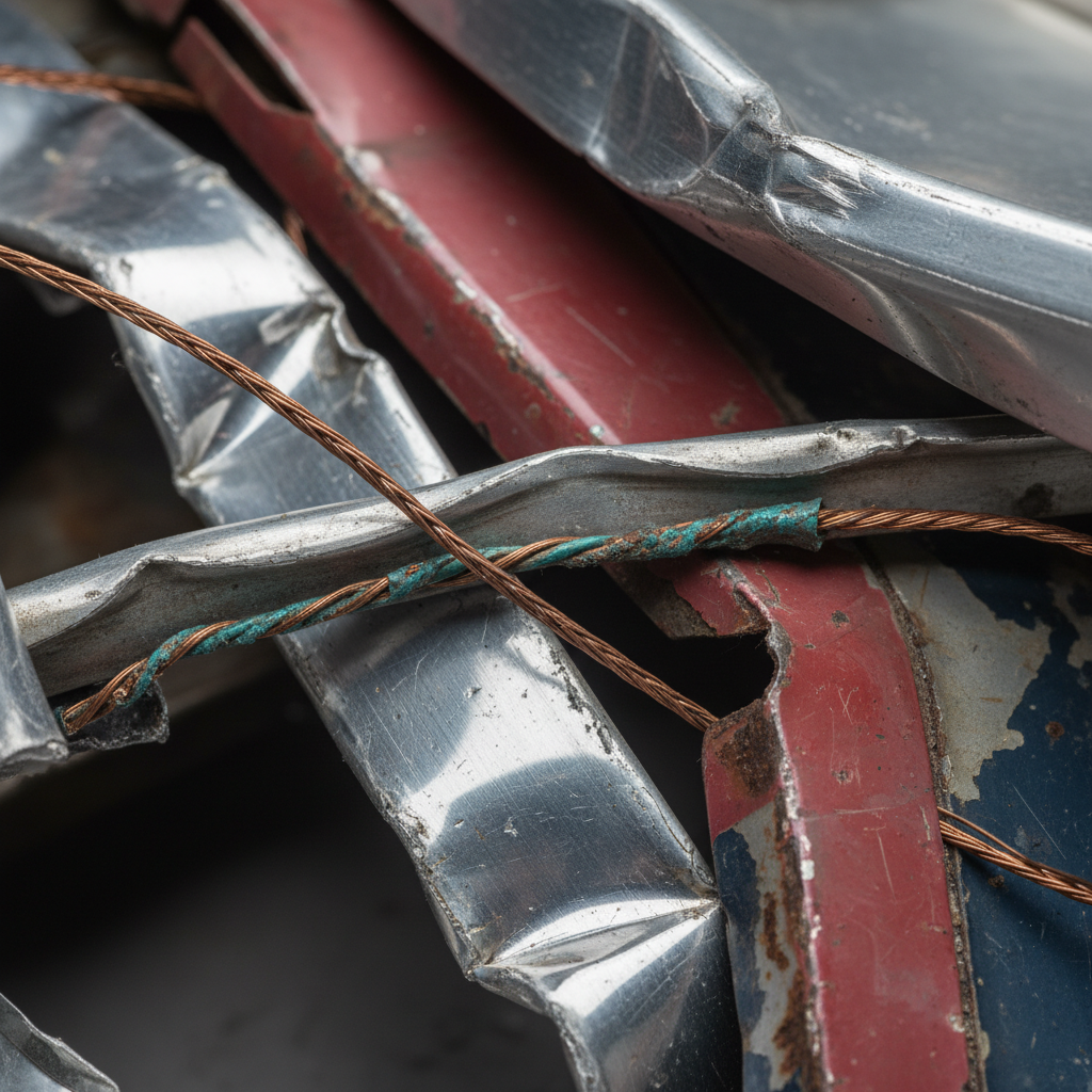 Close-up of crushed vehicle metal showing aluminum, copper wiring, and steel panels for scrap car recycling valuation