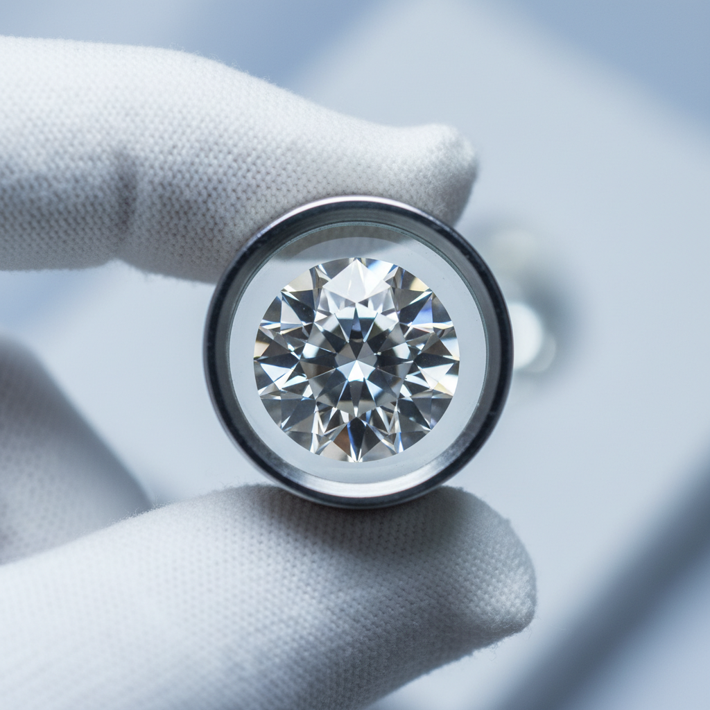 Close-up of a round brilliant diamond under a jeweler’s loupe, illustrating how diamond jewelry buyers in NYC evaluate the 4Cs before making an offer