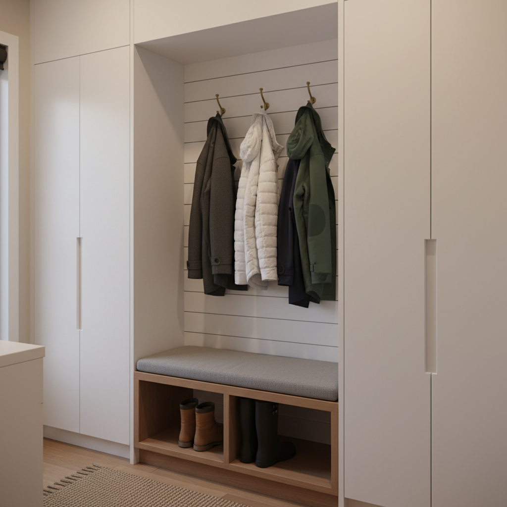 The Custom Closet Upgrade Guide: Get a Clean Look in 2026 2 Organized mudroom reach-in custom closet with bench, hooks, and tall cabinets designed for GTA families