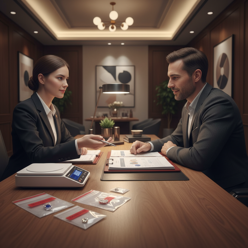Discreet client–jeweler consultation scene in New York, showing a digital scale and secured storage used by diamond jewelry buyers during evaluations