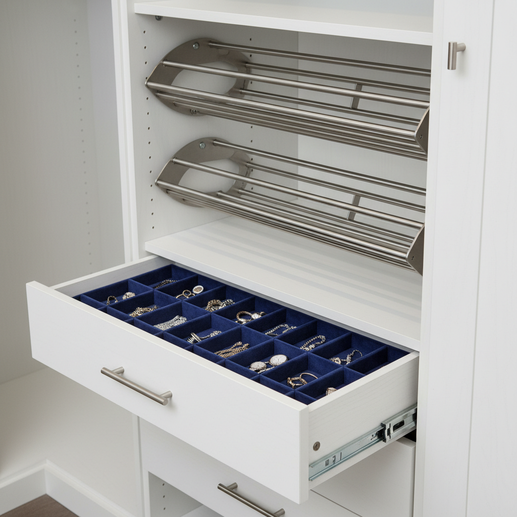 The Custom Closet Upgrade Guide: Get a Clean Look in 2026 1 Close-up of a soft-close pull-out shoe rack and velvet-lined jewelry drawer in a custom closet system for GTA homes