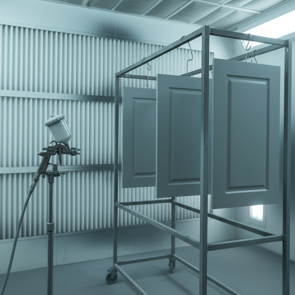 Spray-painted cabinet doors curing on racks inside a professional spray booth used for Toronto cabinet refacing projects