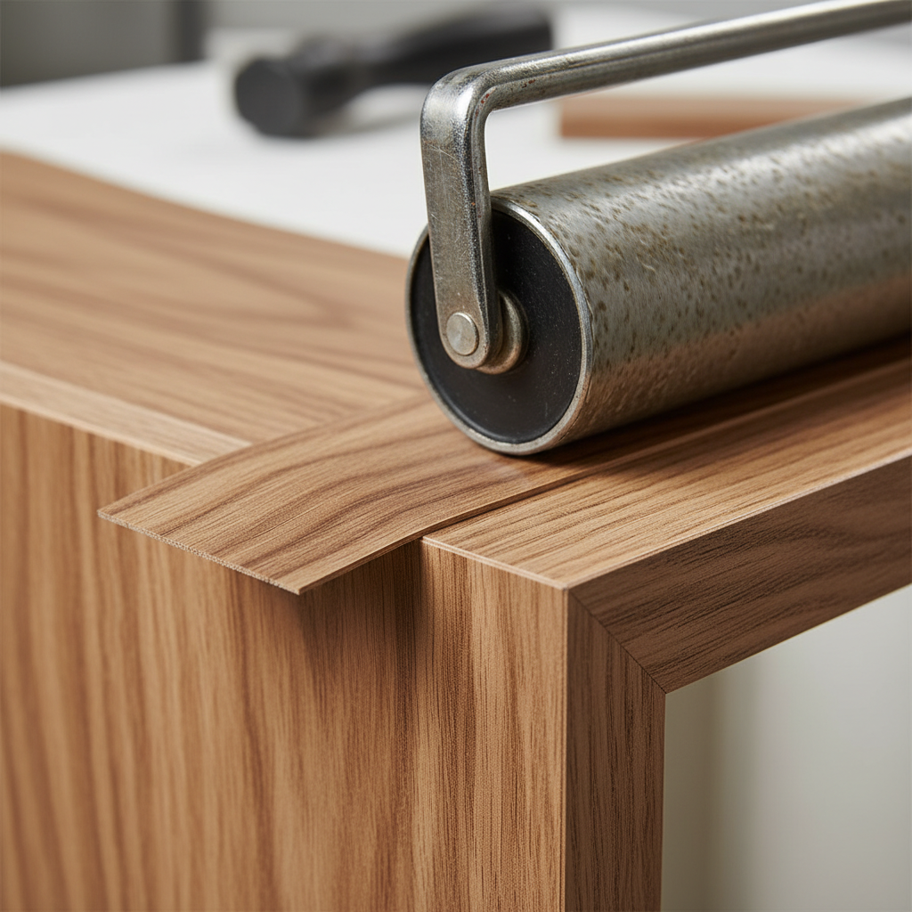 Close-up of cabinet refacing detail: wood veneer applied to face frame with roller for a precise, durable finish in a Toronto kitchen