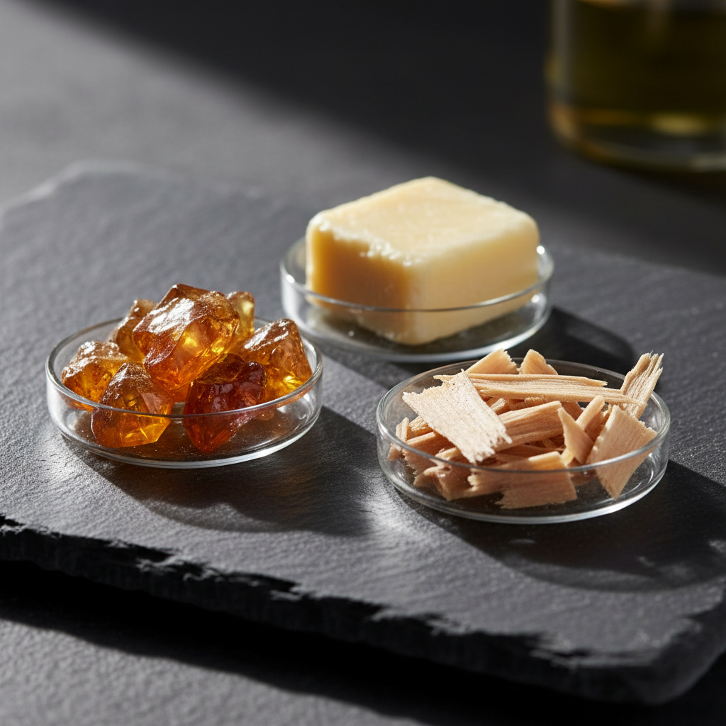 Close-up of amber resins, orris butter, and sandalwood chips—premium long-lasting fragrance ingredients