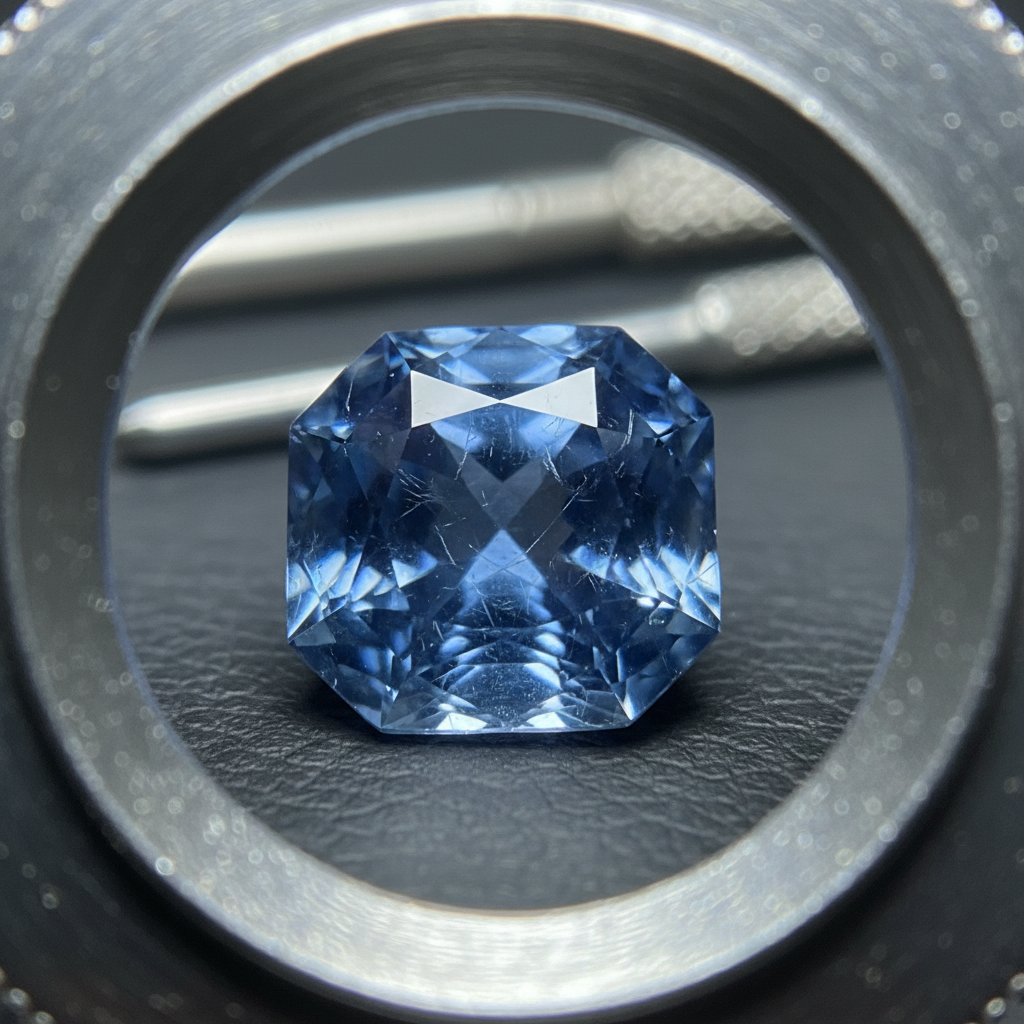 Macro close-up of blue sapphire under jeweler’s loupe for lucky gemstone quality check