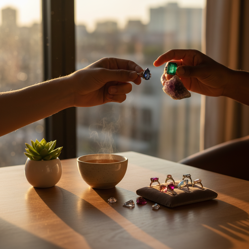 Lifestyle scene comparing lucky gemstone options before installation on an auspicious muhurat