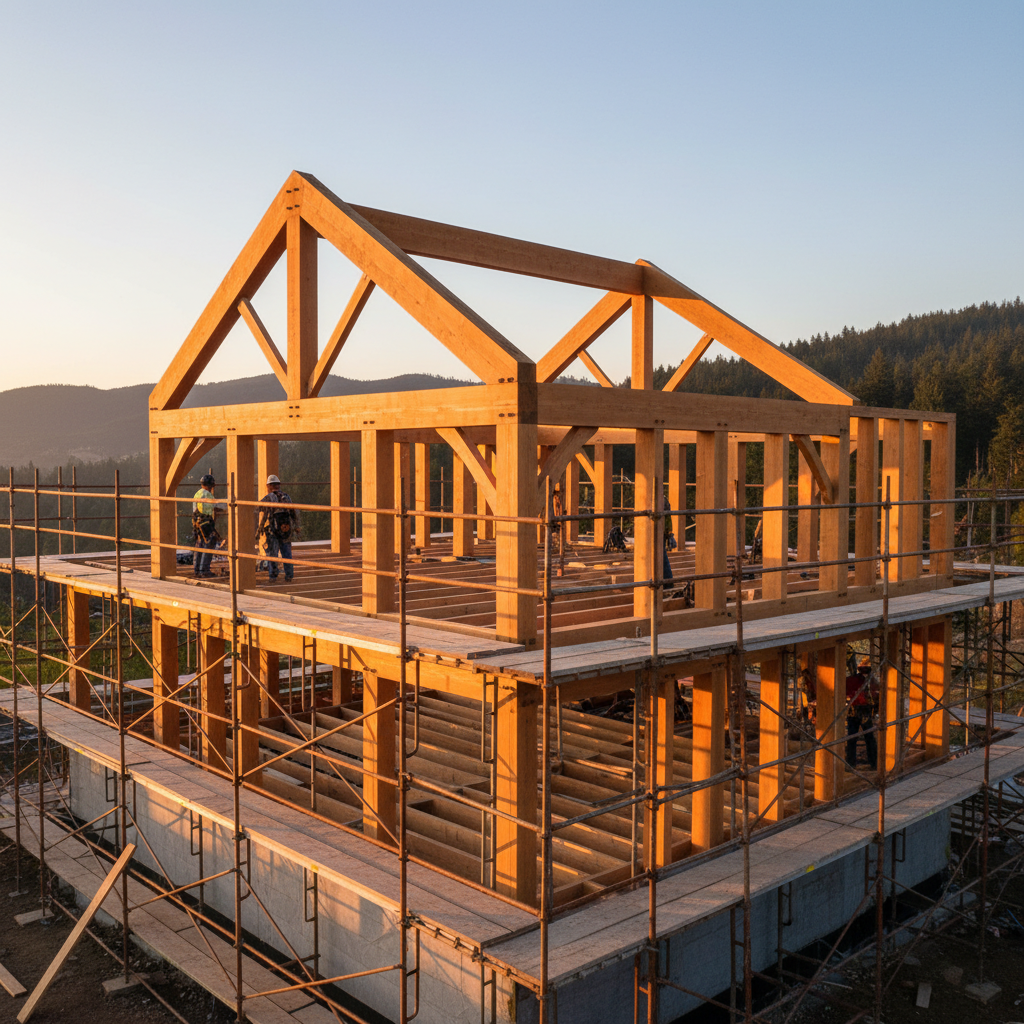 Timber framing of a single-family home at golden hour illustrating construction milestones for staged loan draws