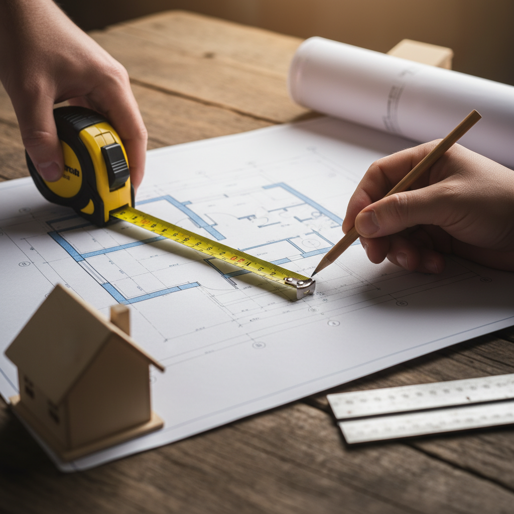 Close-up of blueprint planning and measuring for a home building loan draw schedule