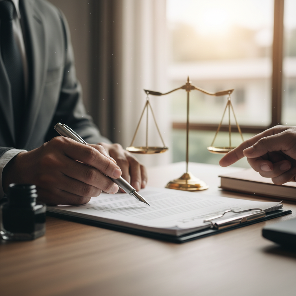Toronto business lawyer reviewing a commercial contract with a client, close-up detail shot for corporate agreements