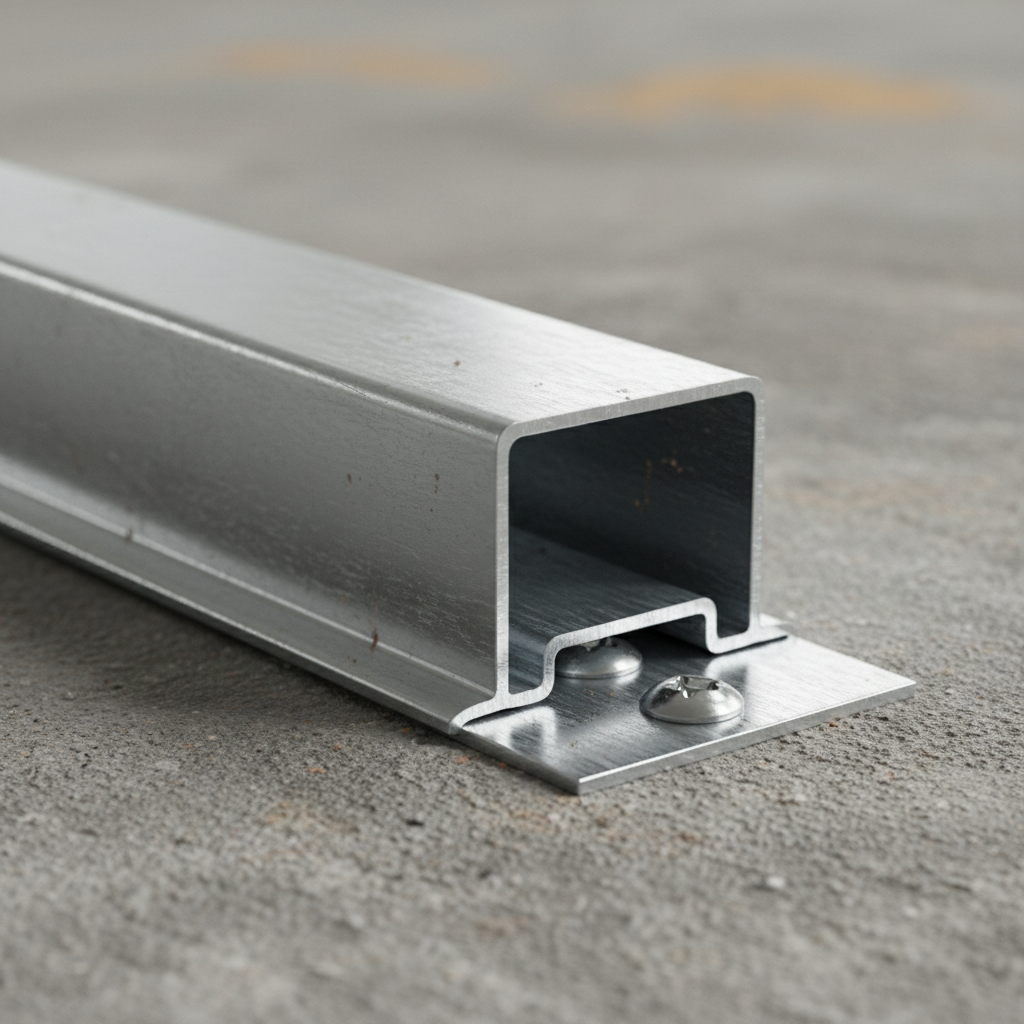 Close-up of galvanized metal stud track with steel stud seated inside, showing flanges, web, and fasteners for interior framing