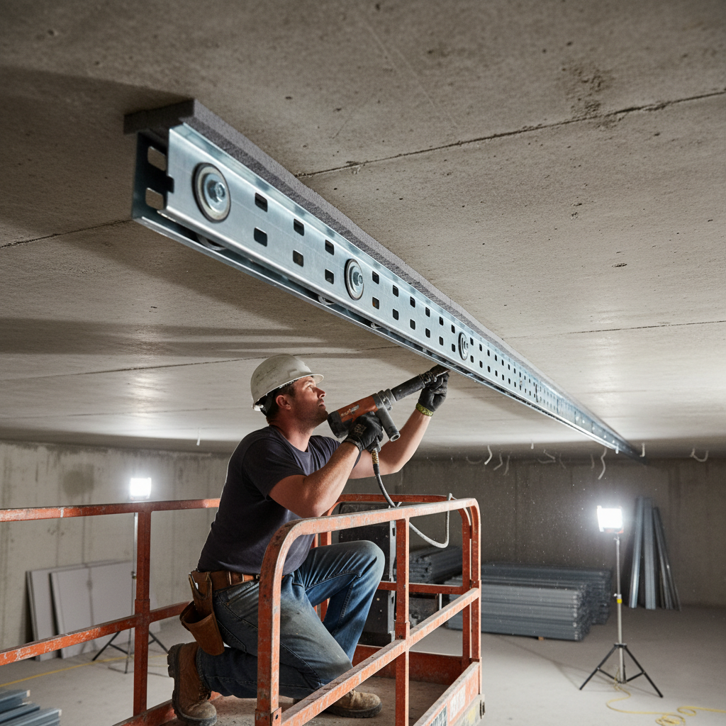 Installer setting slotted deflection track at ceiling to allow vertical movement for a drywall head-of-wall detail