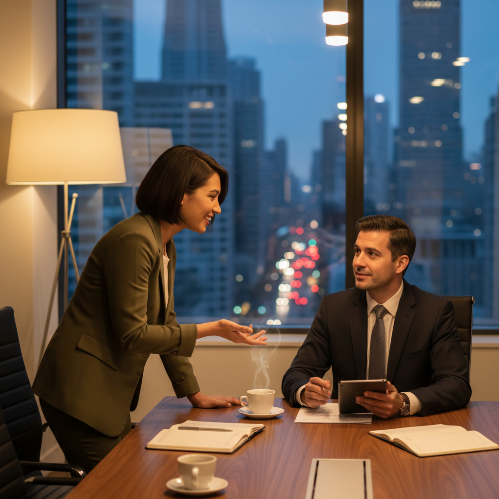 Small business owner meeting with a Toronto business lawyer in an evening office setting, collaborative planning scene