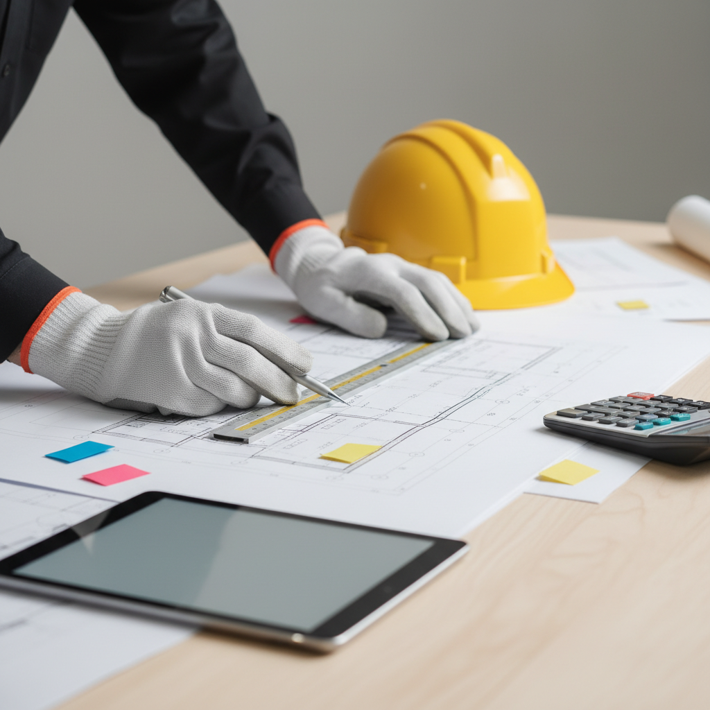 Close-up of CMAR preconstruction planning with drawings, hardhat, and tools for Texas construction management