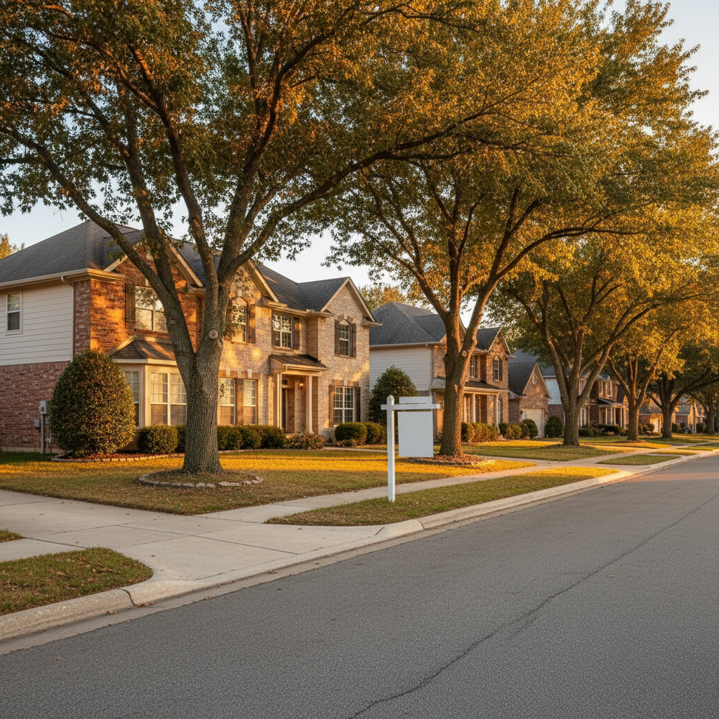 Golden hour suburban street with detached homes and a simple for-sale sign, representing the Brampton home search process