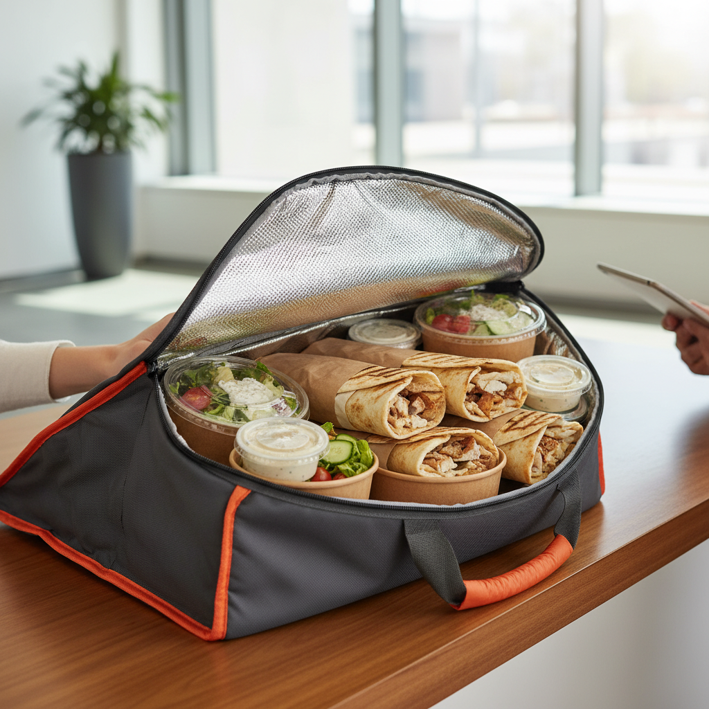 Shawarma delivery in eco-friendly containers opening at an office front desk for team lunch