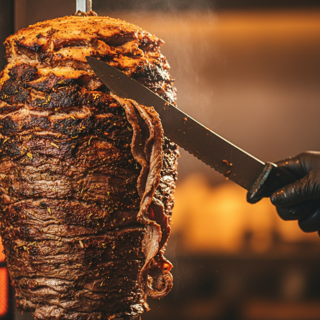 Close-up of shawarma carved from rotisserie, highlighting authentic Turkish spices for office lunch delivery