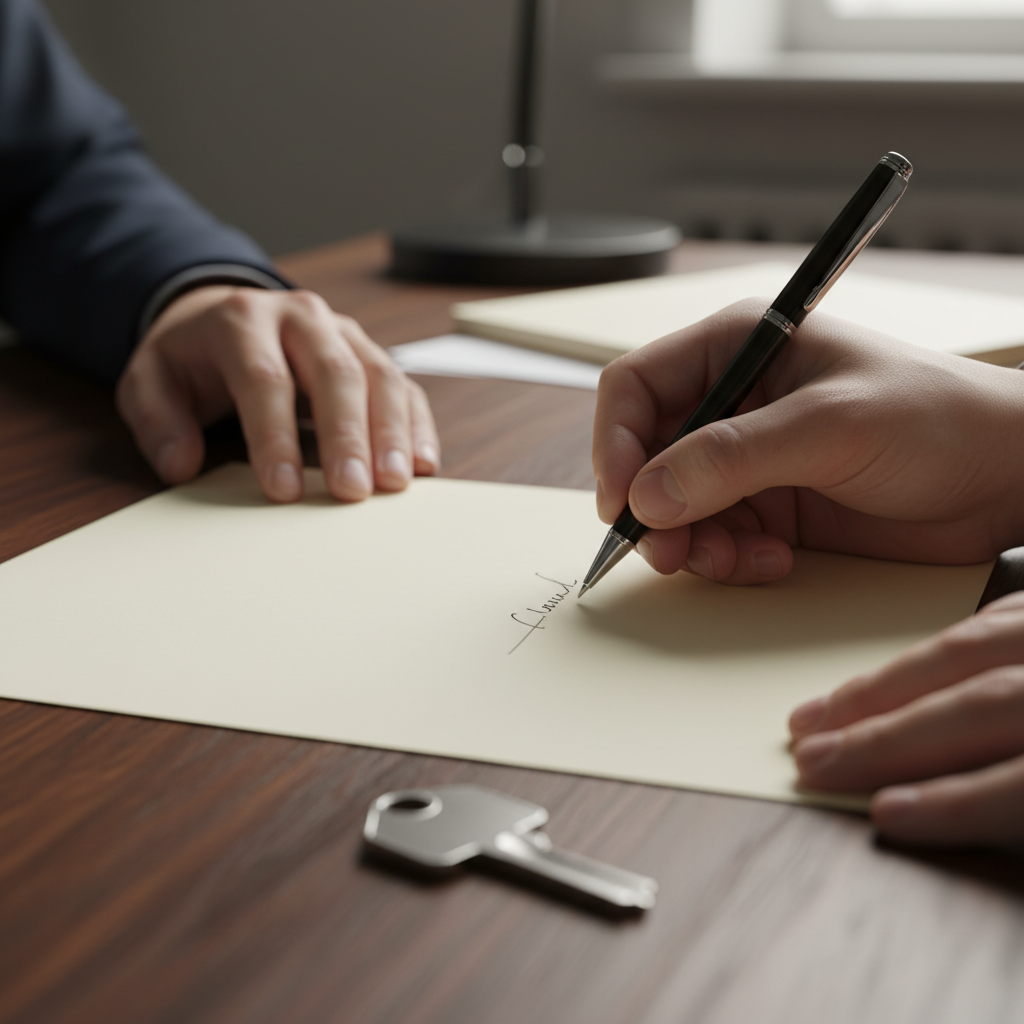 Signing a real estate purchase contract template with keys and pen on wooden table