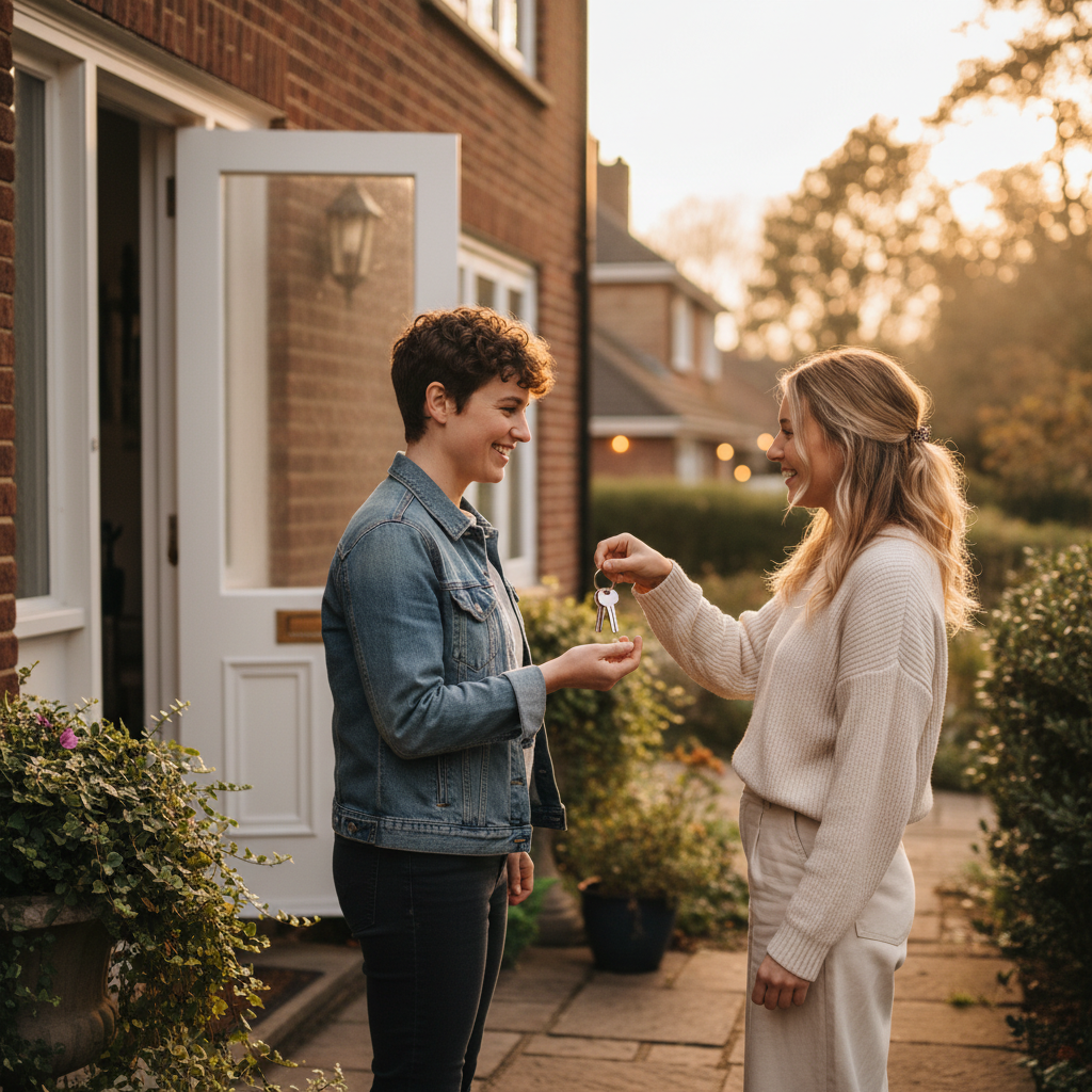 Home buyer and seller exchanging house keys after signing a purchase agreement