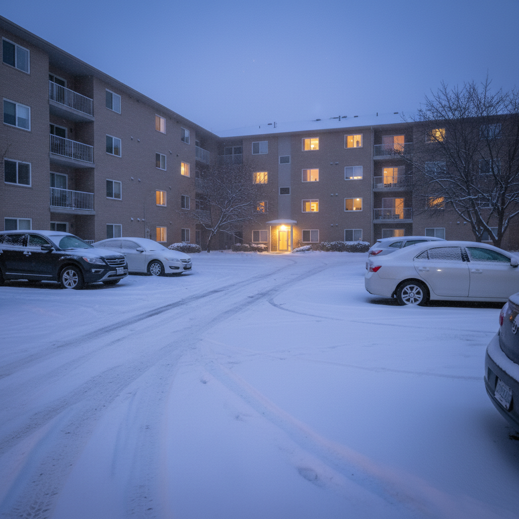 Snow-dusted Ontario apartment parking lot with parked cars, illustrating winter risks for auto and tenant insurance planning