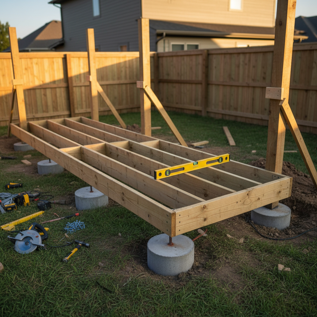 Deck framing and fence post setting during golden hour in Mississauga, showing level joists on concrete footings as part of a design-build schedule