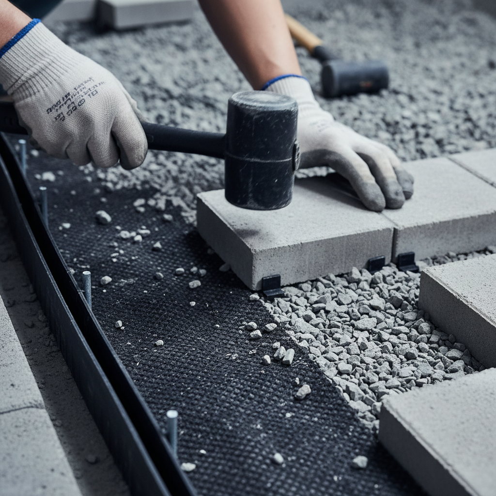 Interlocking paver installation close-up showing compacted base, geotextile, edge restraint, and spacer tabs for a durable Mississauga patio