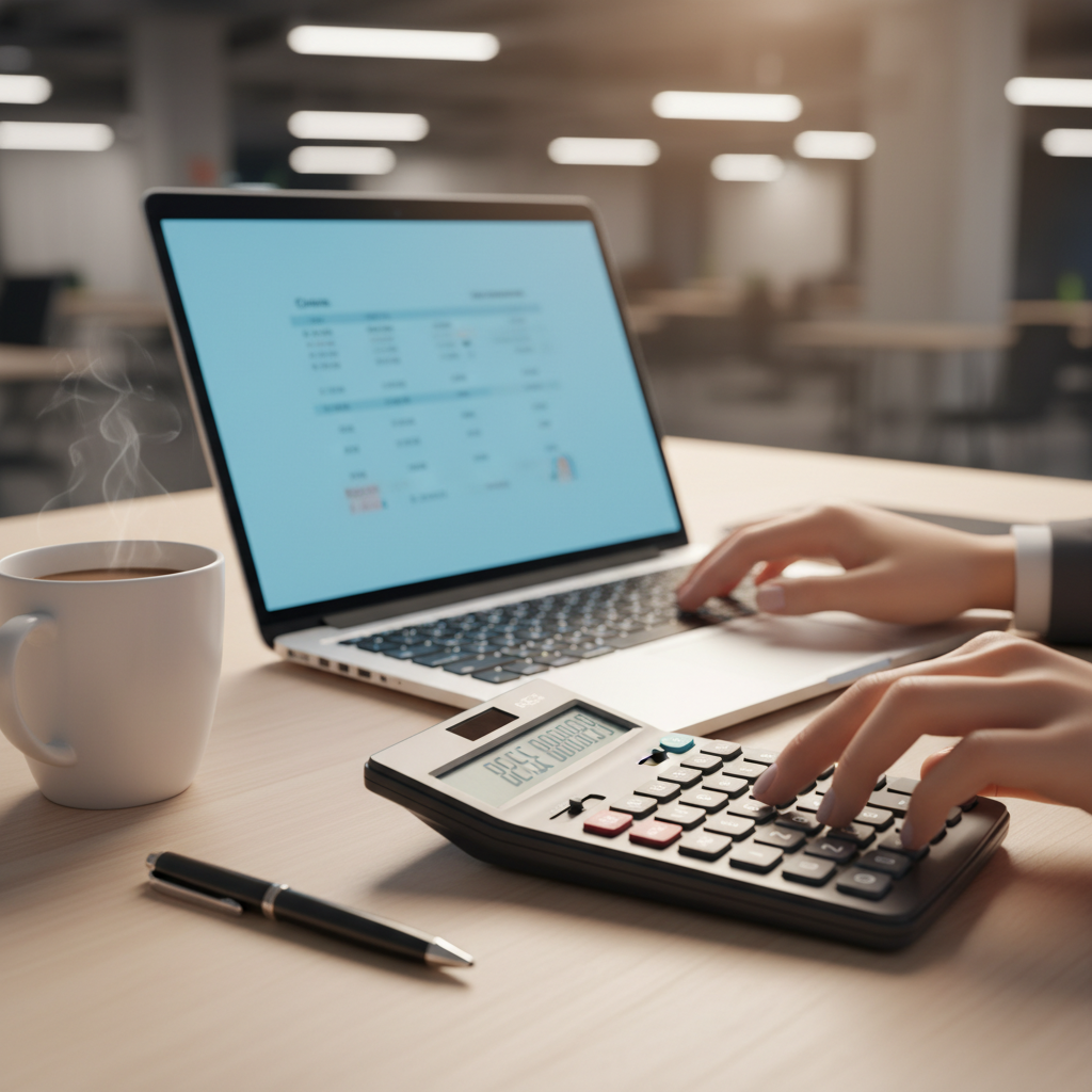 Close-up of payroll processing hands using calculator and laptop for Single Touch Payroll reporting