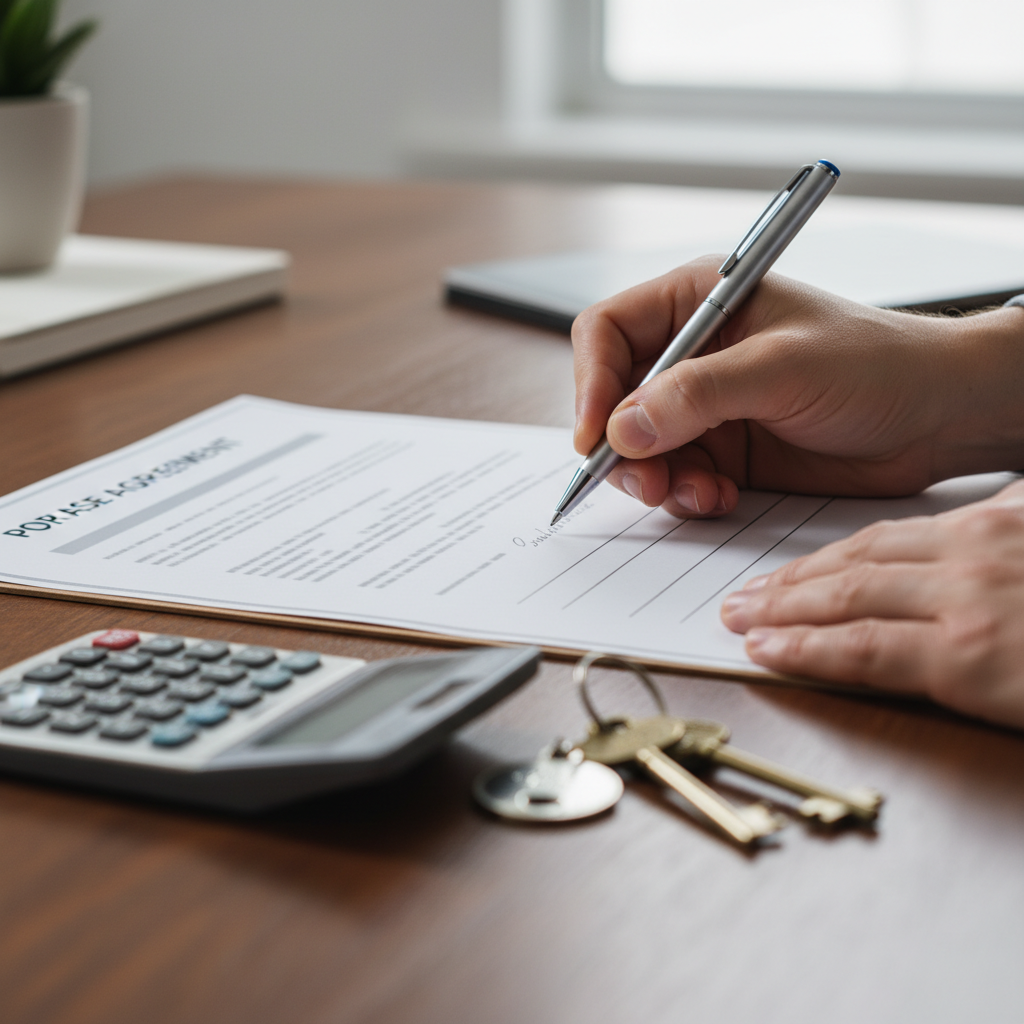 Buyer signing an Ontario home purchase offer with keys and calculator — illustrating offer strategy for buyers