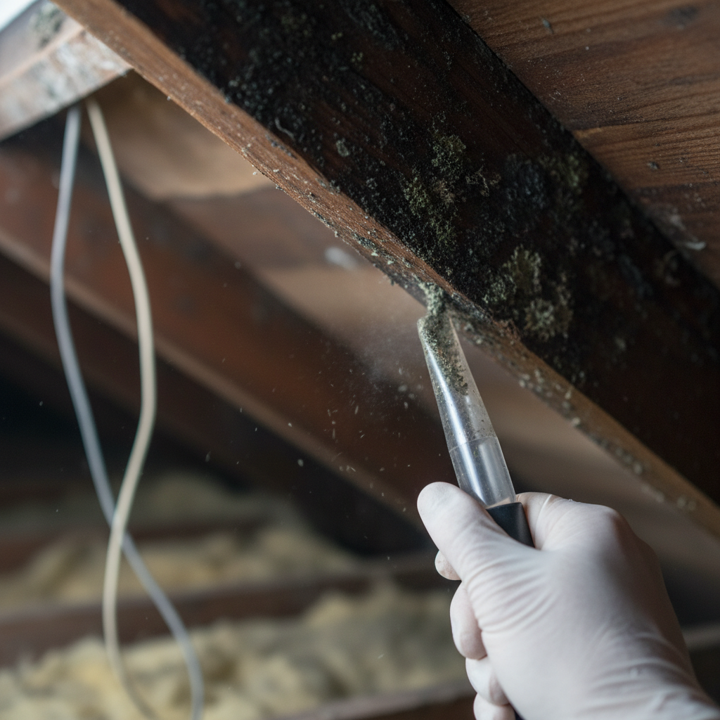 Close-up HEPA vacuuming during attic mold removal service on wooden rafters