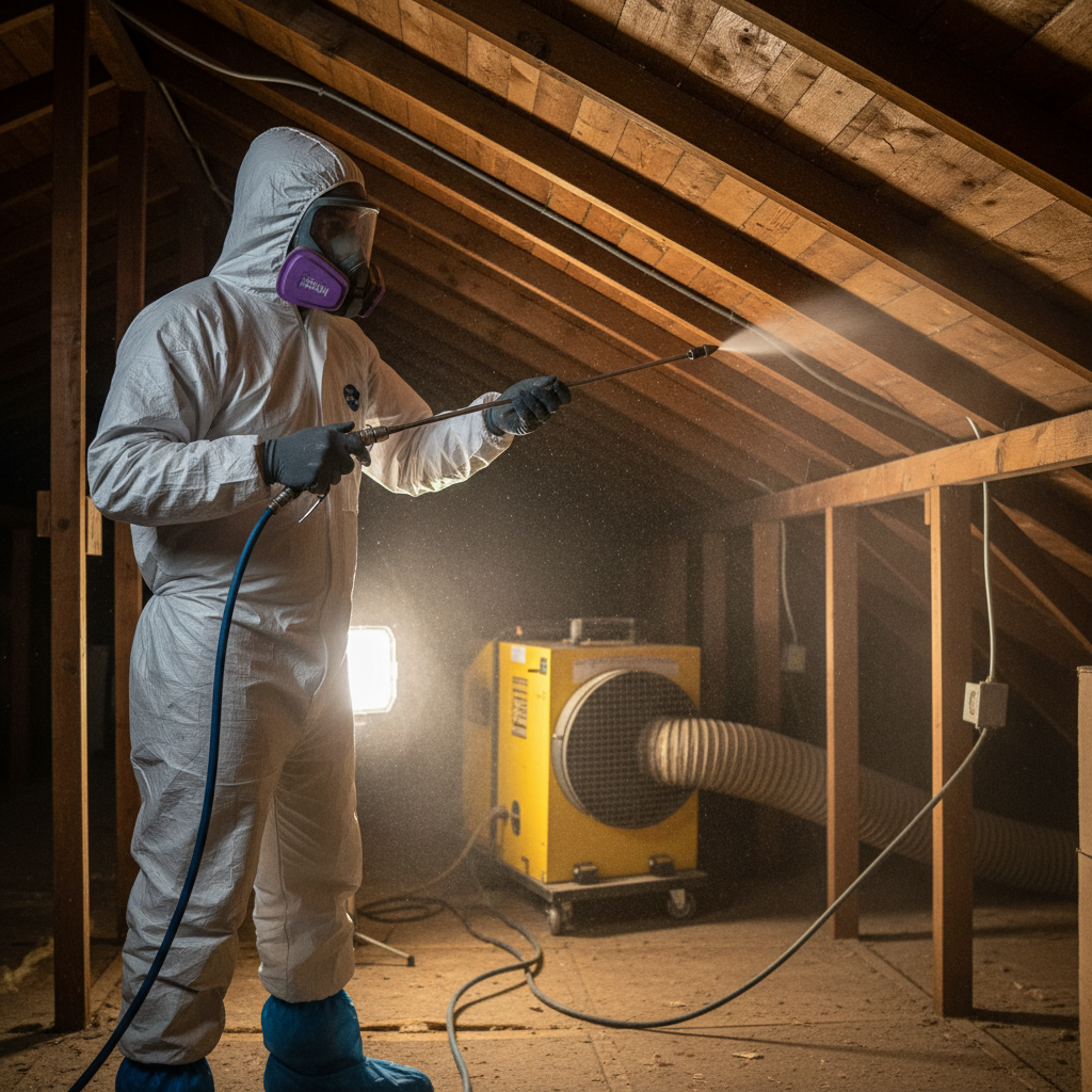Technician in PPE applying EPA-approved antimicrobial treatment during attic mold remediation