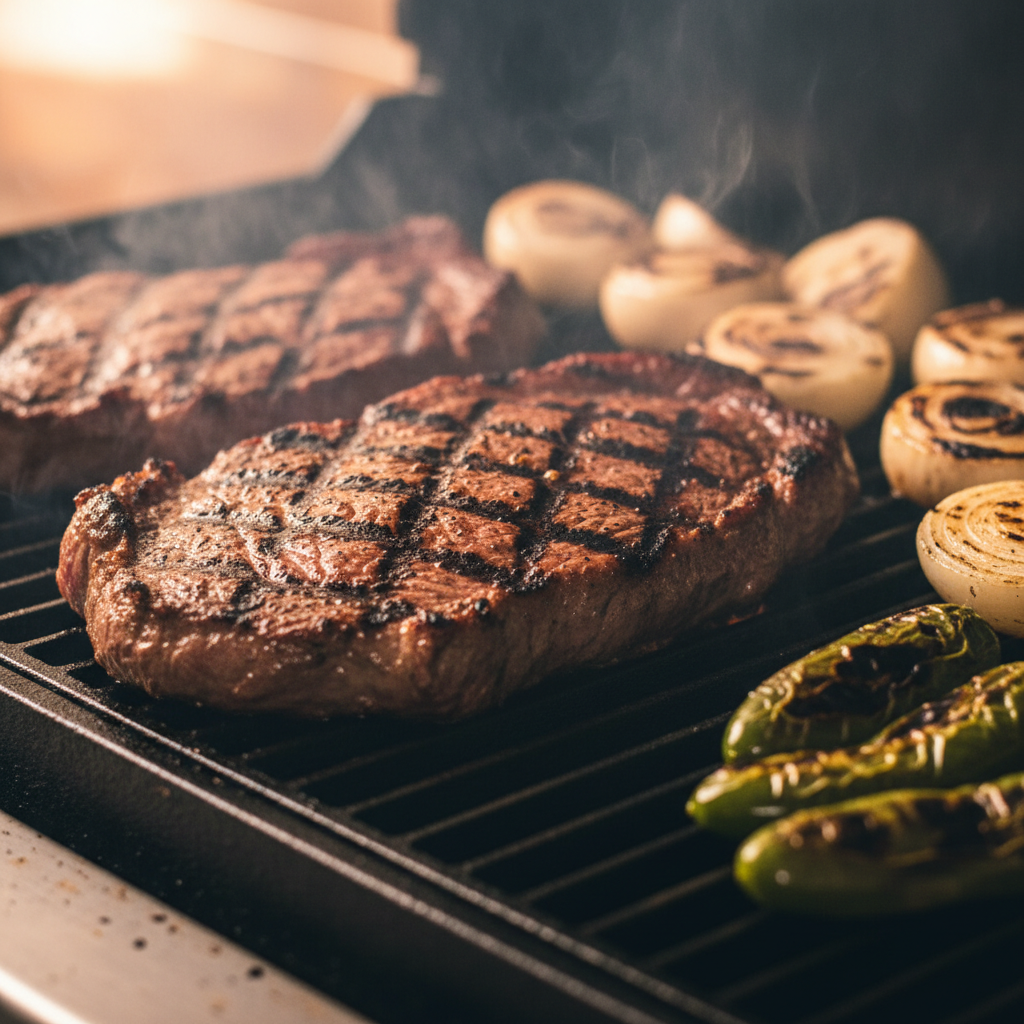 Close-up of carne asada on a hot grill, perfect for a Mexican grill weekend dinner with char and sizzle