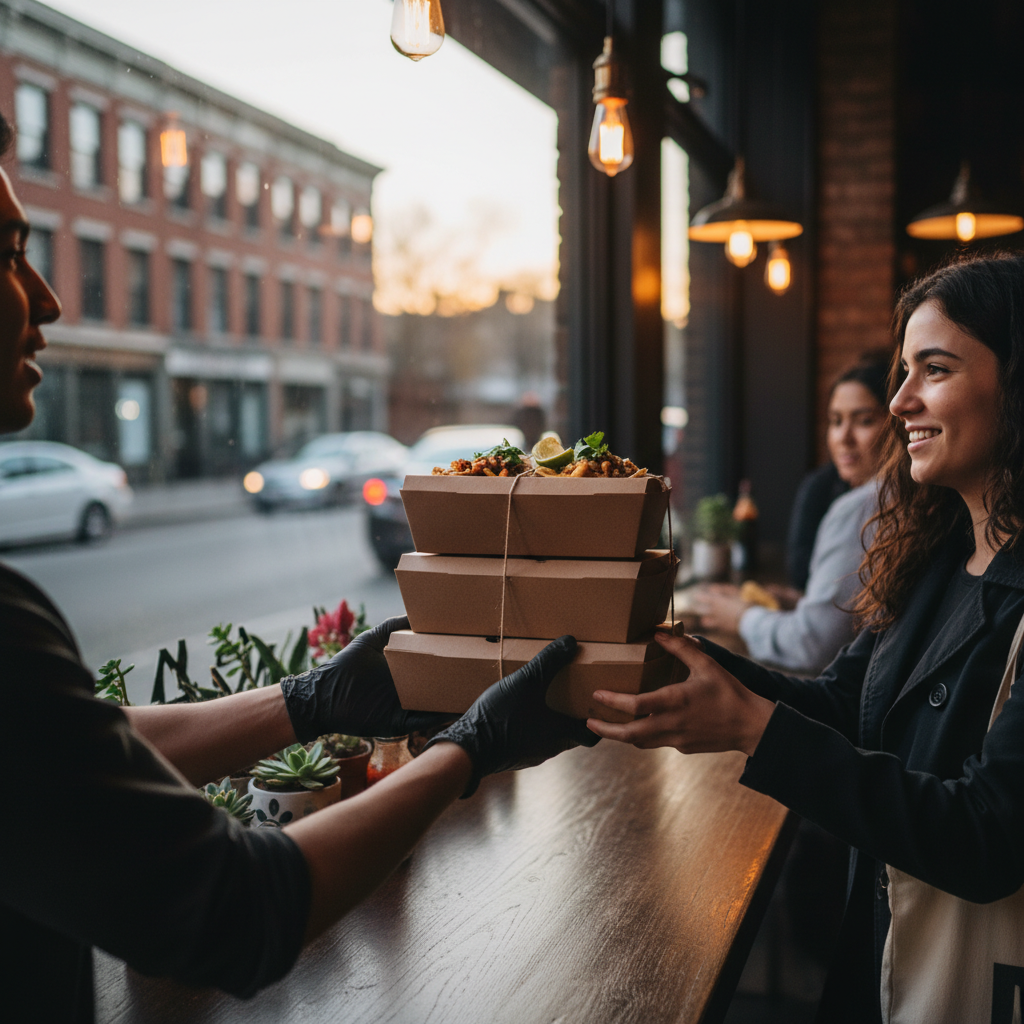 Takeout handoff with eco-friendly boxes from a Mexican grill, ideal for a quick Saturday dinner pickup