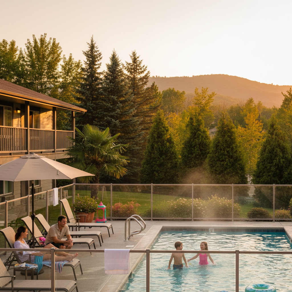 Family relaxing by a heated motel pool near the White Mountains, ideal amenity for a family room hotel stay in North Conway