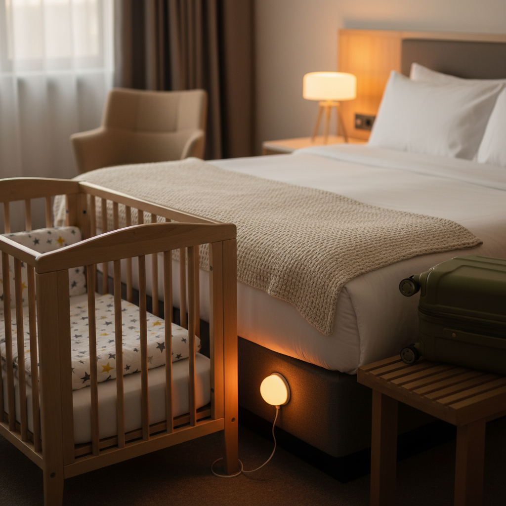 Close-up of a family-friendly hotel detail: crib by bed, nightlight, and cozy bedding for better sleep in a family room hotel